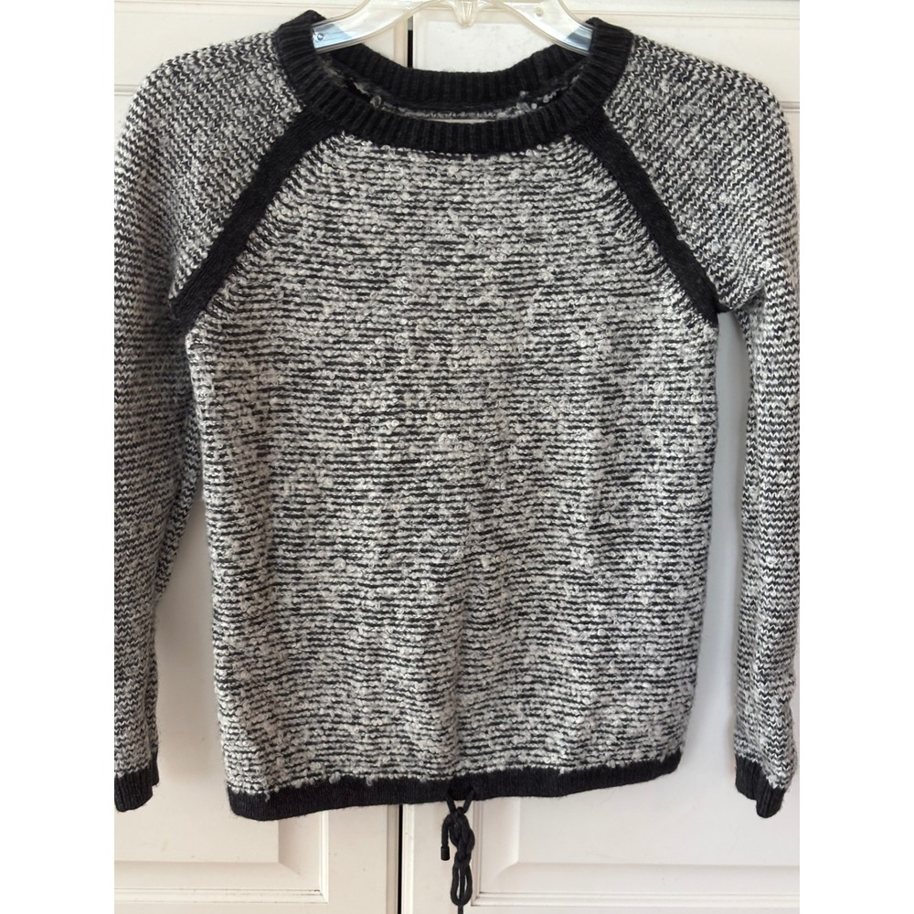 Ann Taylor LOFT Black White Striped Boucle Knit Drawstring Sweater Womens XS